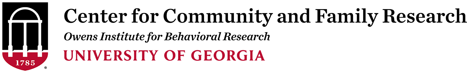 Center for Community and Family Research logo with text for Owens Institute for Behavioral Research, University of Georgia, and the universitys arch emblem.